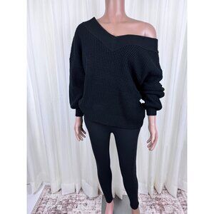 Zenana Plus Size Two Piece V-Neck Sweater & Legging Set Size 1X Black